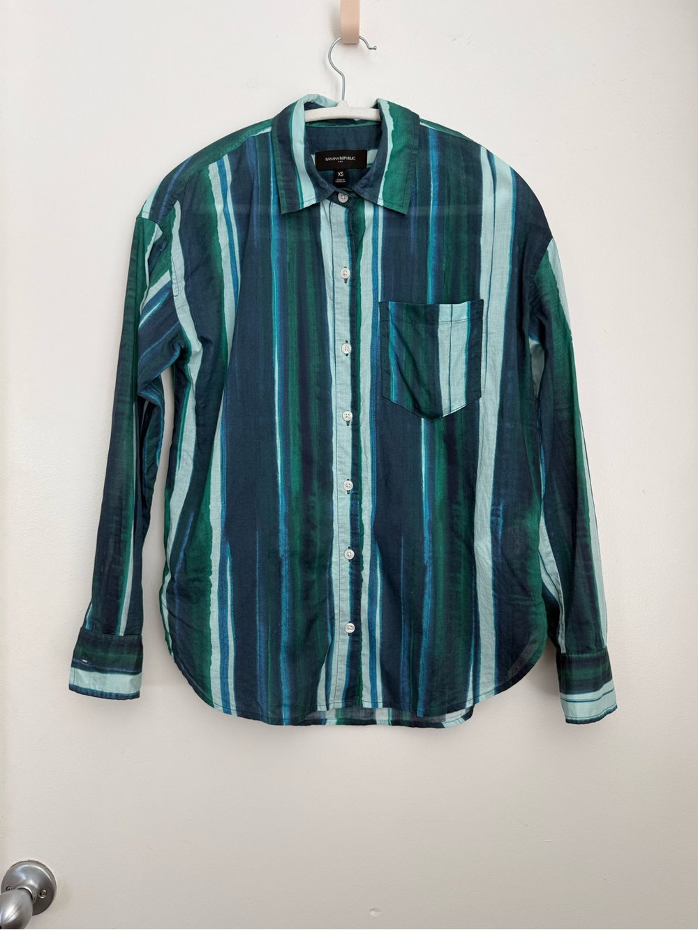 Banana Republic Factory Voile Cotton Striped Button-Down Shirt Green & Teal